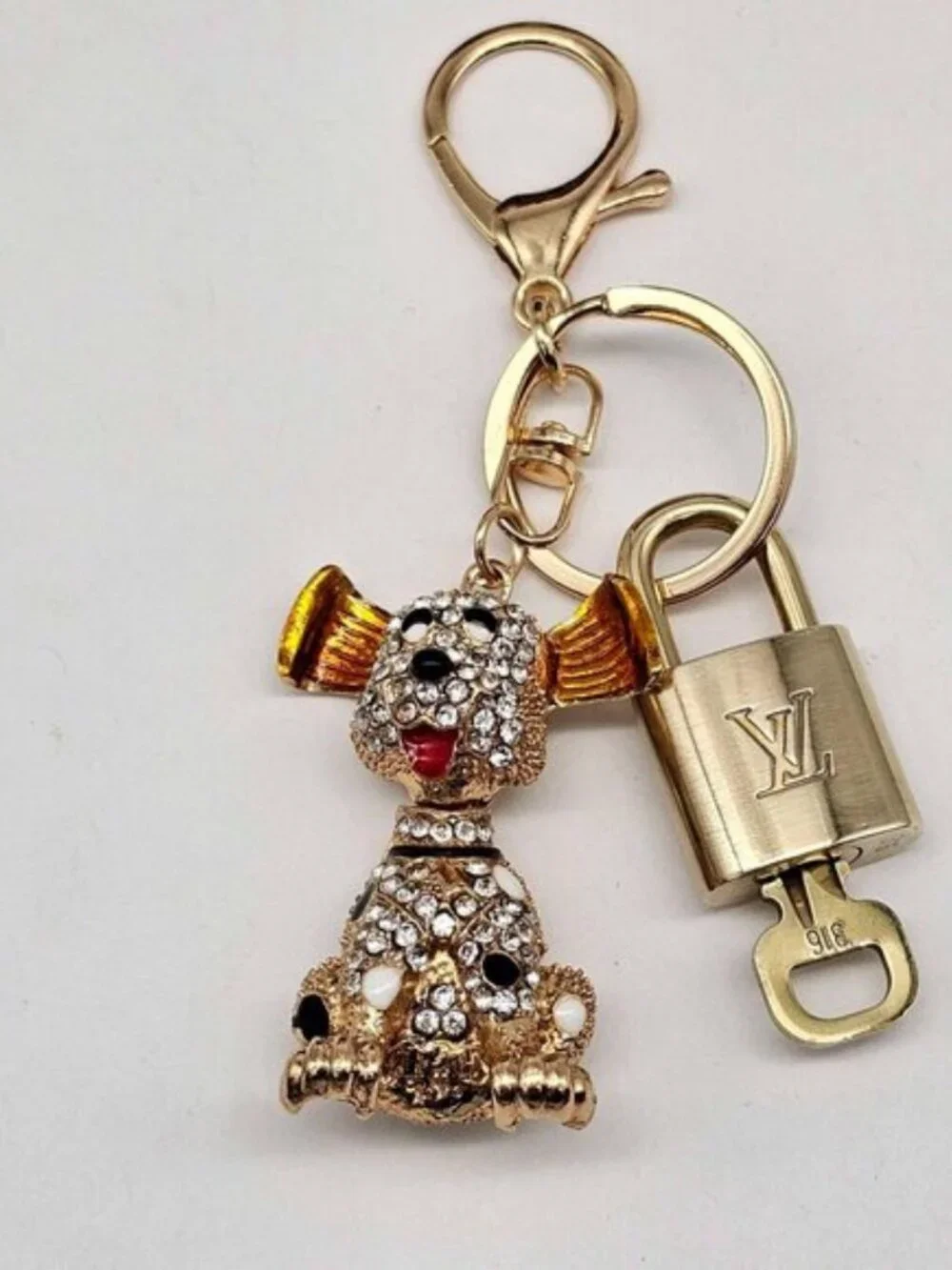 Authentic LV Gold Padlock & Key 🔑 Designer Bag Charm w/ Unbranded Dog Keychain